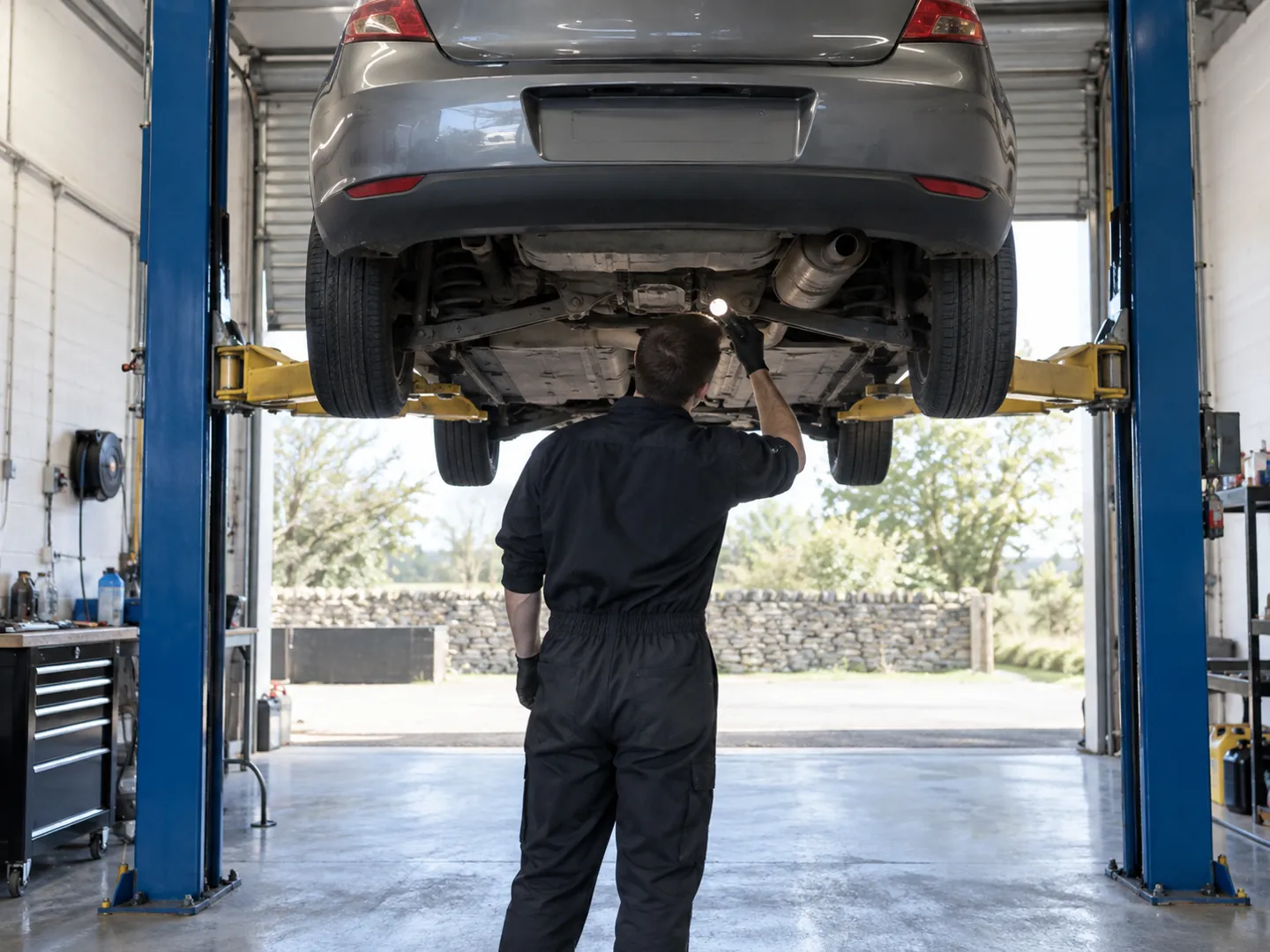A car raised on a lift in a clean garage test bay, a technician seen from behind inspecting the underside