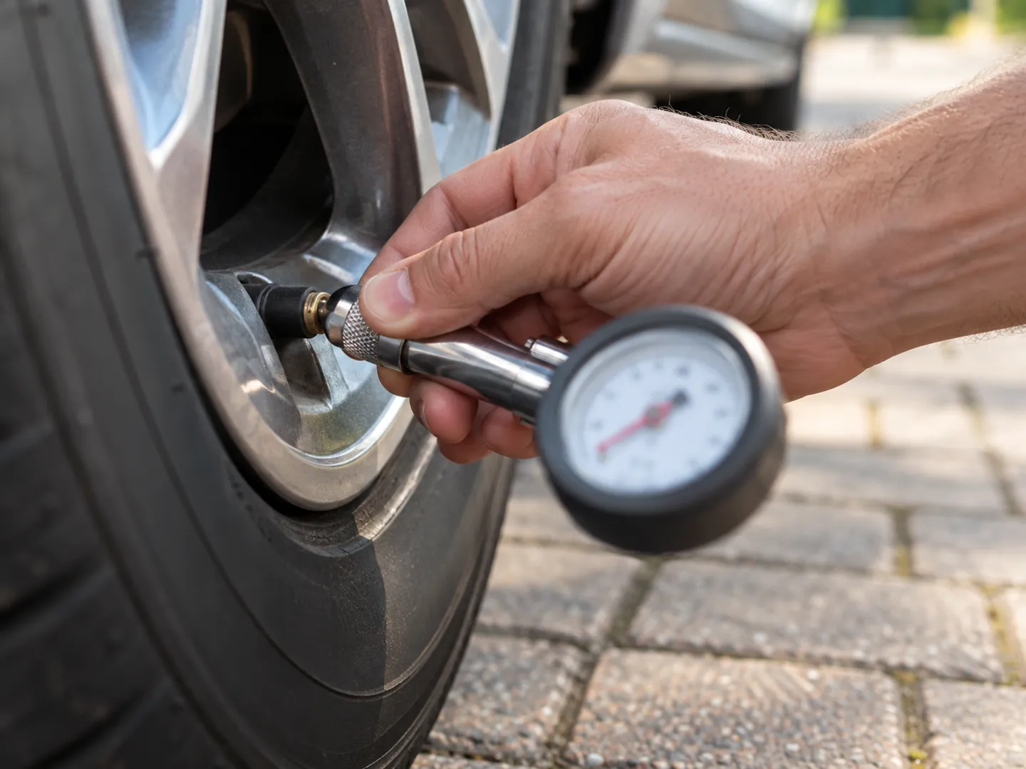 A hand pressing a tyre pressure gauge onto the valve of a car tyre on a dry driveway
