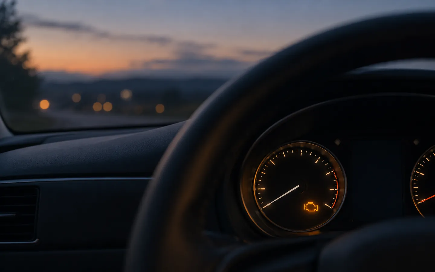 A car instrument cluster glowing at dusk with a single amber engine warning lamp lit beside the speedometer